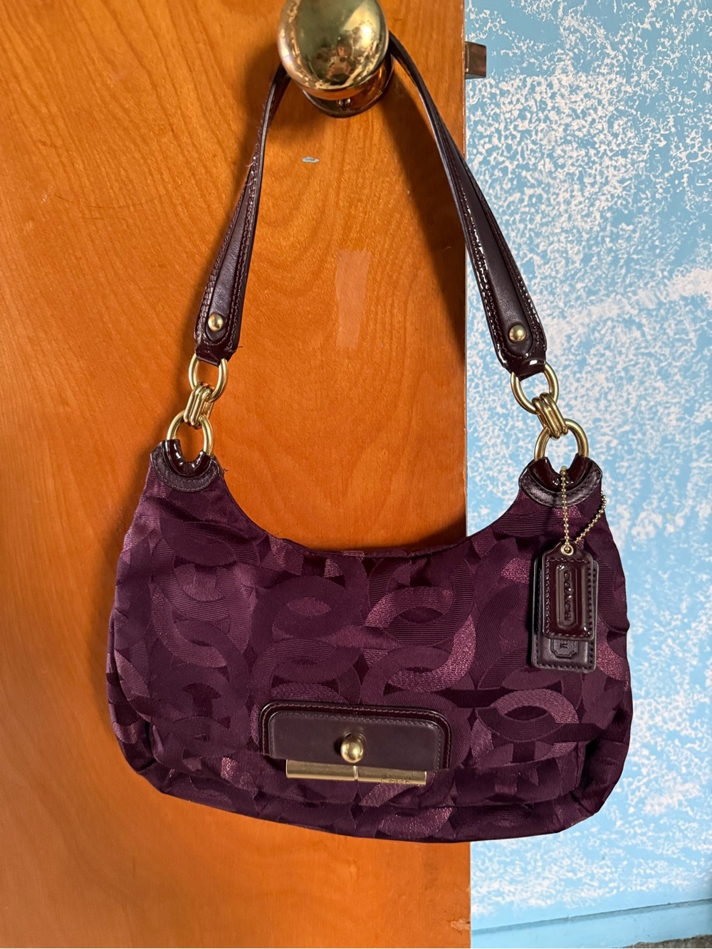 Coach Plum Jacquard Shoulder Bag with Gold Hardware